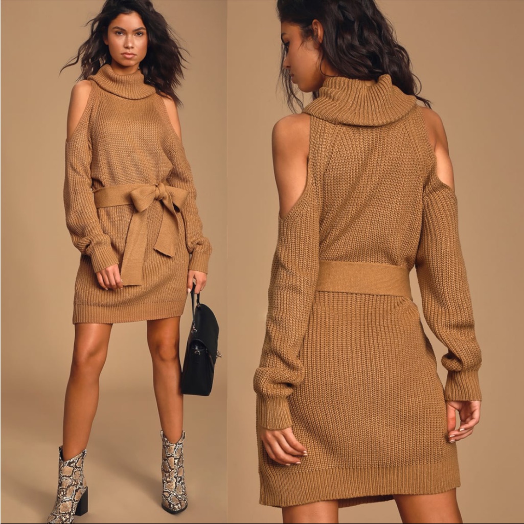 Nwt Lulus Sweet Demeanor Camel Turtleneck Cold-Shoulder Sweater Dress Brown Xs